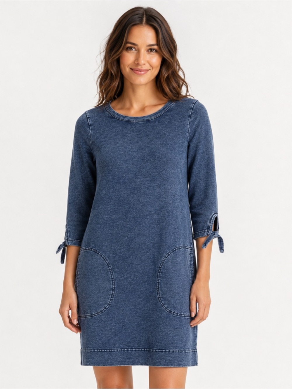 Jane & Delancey Faux Denim Knit With Pockets Dress Tie Sleeve Blue XS Boutique